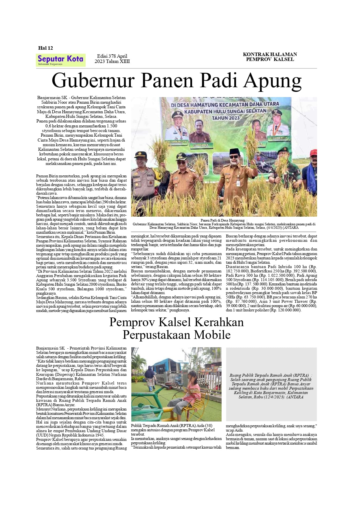 Kontrak Halaman Pemprov Kalsel Bulan April  ke 1 Thn 2023 di SKM.Seputar Kota Edisi 378-379