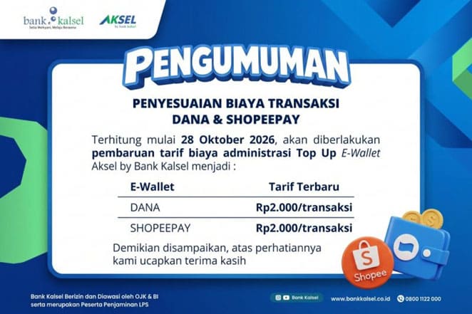 Bank Kalsel Sesuaikan Biaya Top Up DANA dan ShopeePay